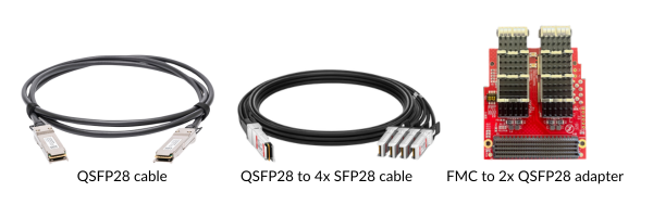 Exostiv Blade standard and compatible connection options - standard is QSFP28 to 4 transceivers with total bandwidth of 112.5 Gbps per connector