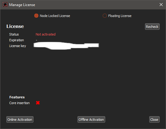 Exostiv Blade Core Inserter Manage license windows, not activated