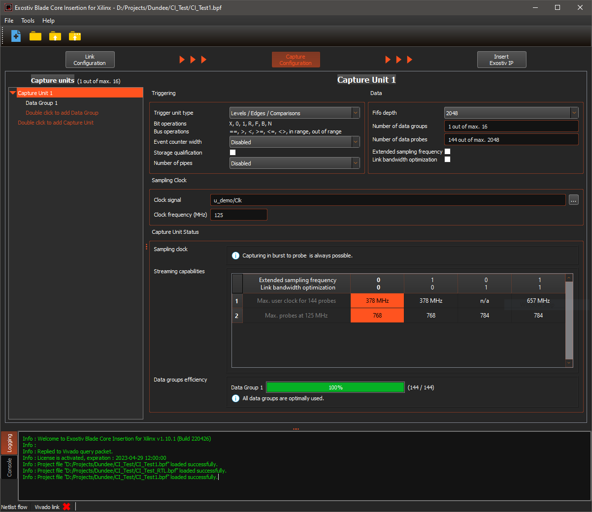 Exostiv Blade Core Inserter software capture configuration screen