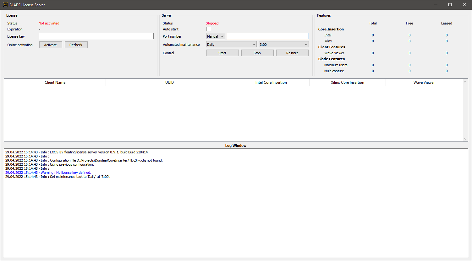 Exostiv Core Inserter uninstalled license server