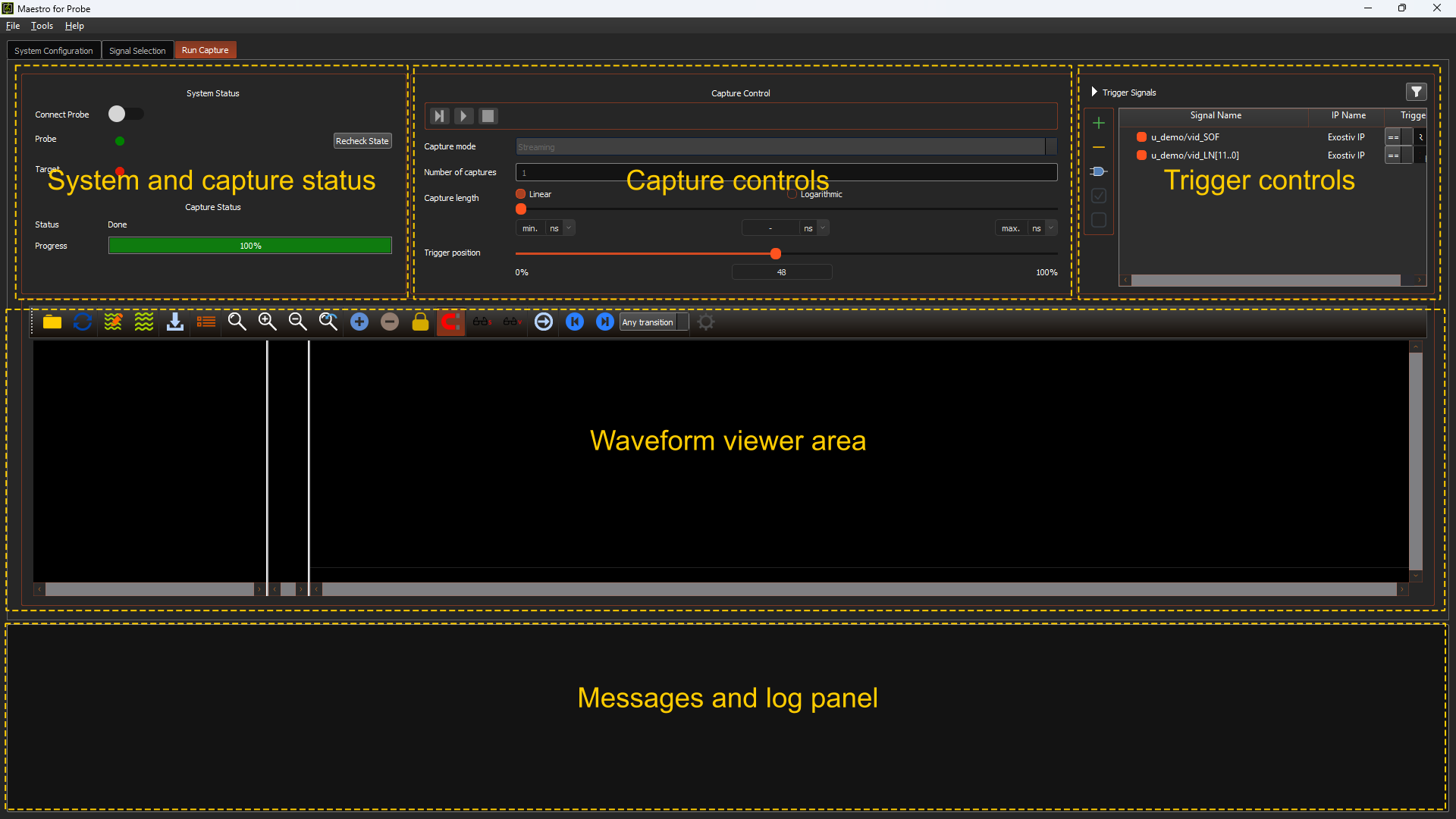 Run Captures tab and its areas