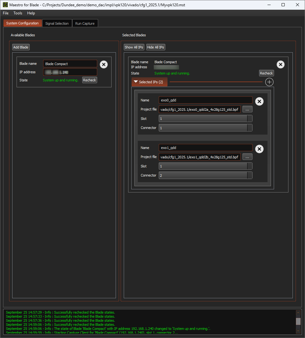 System Configuration tab for Exostiv Blade